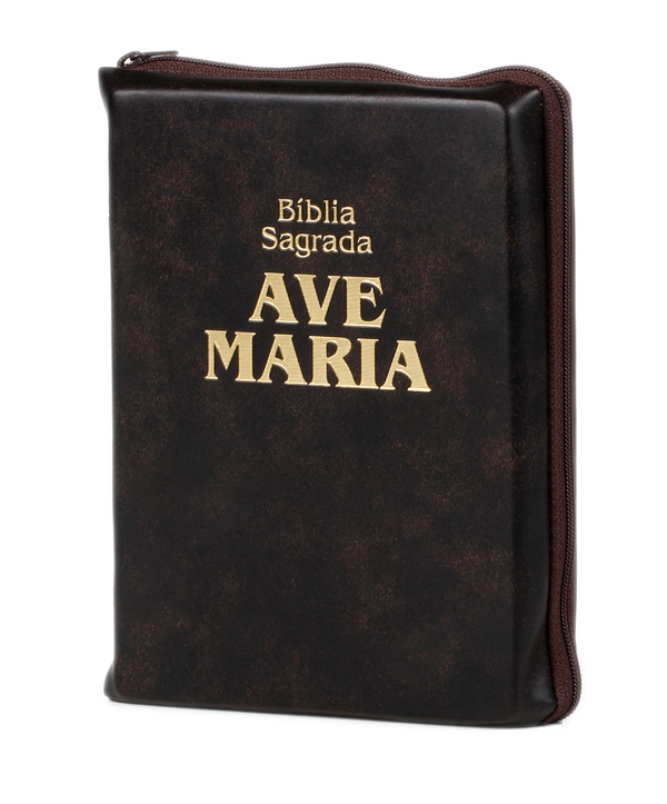 BÍBLIA AVE MARIA COURO ZÍPER MARROM MÉDIA