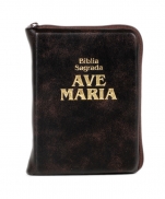 BÍBLIA AVE MARIA COURO ZIPER MARROM BOLSO