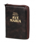 BÍBLIA AVE MARIA COURO ZIPER MARROM BOLSO
